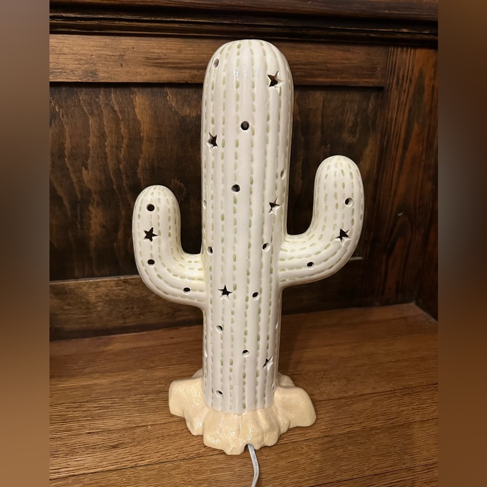 15” Light-Up Corded Ceramic Cactus Lamp in Cream/Sage Green - Picture 9 of 15